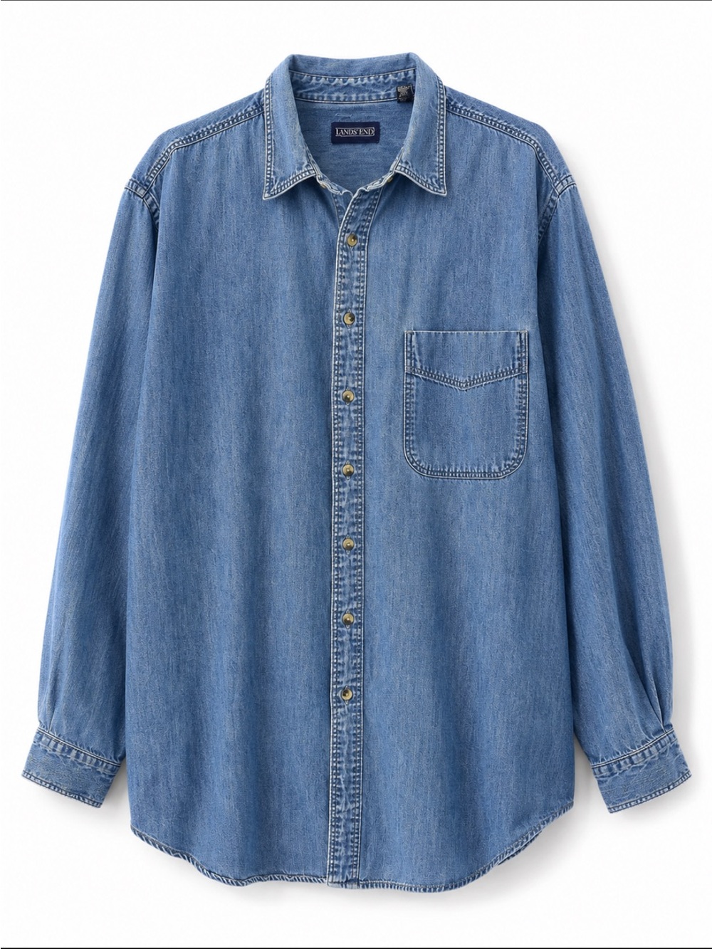 Vintage Lands End Denim Shirt XL Tall Blue Cotton Long Sleeve Button Up